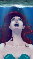 drawing giantess vore blushing mega color blue_eyes mouth water ocean mermaid underwater red_hair storm unaware open_mouth swimming underneath bubbles disney tsavo lightning ariel the_little_mermaid raining imminent_vore shaded