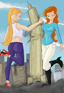 drawing giantess city mega blonde color destruction high_heels green_eyes shoes red_hair boots foot_crush looking_down giantesses smoke colonel-gabbo