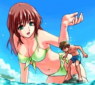 breasts drawing gentle giantess color swimsuit barefoot green_eyes brunette teston