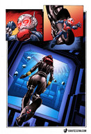 drawing comic color butt clothed red_hair boots foot_crush walking unaware running avengers costume ant-man belt giantessfan jumpsuit helmet black_widow leather_clothing marvel_comics