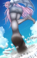 drawing giantess giga wings city color destruction touhou red_hair foot_crush demoness nylons koakuma looking_down neva