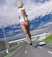 giantess panties blonde clothed shoes running highway vehicles shirt overpass digital_render