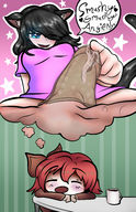 drawing blushing tail aroused black_hair color futanari cum penis blue_eyes green_eyes orgasm domination condom red_hair entrapment female_domination trapped cat_girl june mspaintgts angie