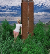 gentle giantess panties blonde clothed tower leaning shirt trees digital_render