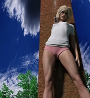 gentle giantess panties blonde clothed legs tower standing shirt trees looking_at_viewer digital_render