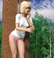 nipples gentle giantess panties blonde clothed handheld tower standing shirt trees digital_render