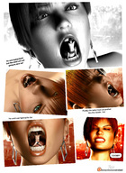 giantess vore comic tongue mouth teeth handheld green_eyes red_hair shrunken_man throat dangle digested panels emi digital_render