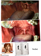 giantess vore comic tongue mouth teeth handheld green_eyes red_hair shrunken_man throat dangle digested panels emi digital_render