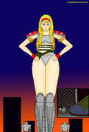 drawing giantess city blonde color armor underwear shrunken_men skyscraper looking_at_victims