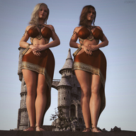 giantess blonde long_hair multiple_giantesses cleavage brunette castle dress sandals giantesses standing manicure braid digital_render