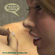 breasts nipples giantess nude blonde handheld red_hair shrunken_woman looking_at_victim digital_render
