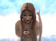 gentle giantess long_hair blue_eyes barefoot water red_hair looking_down swimming braid digital_render