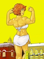 drawing giantess city mega color bra skirt brunette muscles walking flexing top between_buildings attack_of_the_50_foot_woman sunny-d-lite yellow_sky makeshift_clothing
