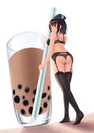 drawing black_hair butt anime red_eyes stockings unknown_artist lingerie walking shrunken_woman hat looking_back straw source_needed