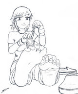 drawing feet monochrome toes barefoot shoes socks dangle toe_ring between_fingers shrunken_character looking_at_tiny darkspeedxz