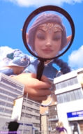 giantess city mega buildings blue_hair low_angle yellow_eyes hand face looking_down magnifying_glass sky point_of_view braid jetslasher looking_at_tiny pointed_ears digital_render
