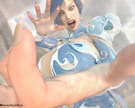 giantess mega handheld blue_hair yellow_eyes hand open_mouth jetslasher imminent_crush looking_at_tiny digital_render on_palm