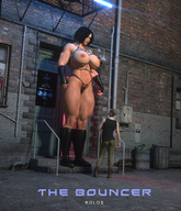 breasts nipples black_hair large_breasts gloves mini_giantess boots thong navel muscles looking_down standing alley digital_render kolos bouncer