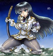 drawing giantess panties giga upskirt color sword anime kneeling fanart outdoors sky ember senran_kagura ikaruga embernaga