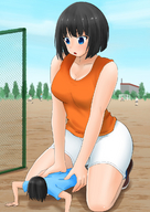 drawing black_hair color blue_eyes short_hair mini_giantess squatting looking_down pushups orenji schoolyard