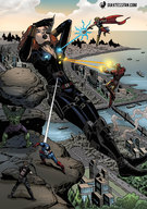 breasts drawing giantess mega color bridge destruction clothed handheld cleavage ocean red_hair lying_down hawkeye fighting avengers bow costume cape new_york_city belt giantessfan jumpsuit empire_state_building legs_crossed hammer shield arrows thor zipper iron_man hulk captain_america black_widow marvel_comics quiver