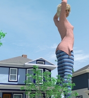 gentle giantess blonde clothed standing houses sweater runswithferrets looking_back digital_render stretchpants jylli