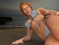 giantess vore beach mouth ocean red_hair lying_down hand belly bikinis looking_at_viewer digital_render 3d-giantess-studios katie-at-the-beach