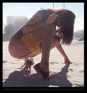 collage long_hair butt clothed shoes brunette domination squatting pee shorts shrunken_woman looking_down sunglasses sand tattoo top dialogue reddrop7