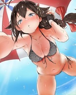 drawing color swimsuit cleavage wet sweat unknown_artist point_of_view umbrella perspective