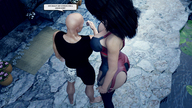panties black_hair long_hair butt clothed cleavage stockings amazon shorts standing leather top big_butt dialogue digital_render fater bald bodice