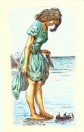 drawing giantess color clothed barefoot shoes brunette dress looking_down river vintage
