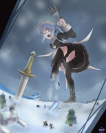drawing giantess panties upskirt color blue_hair angry looking_down grey_eyes raised_foot fire_emblem knives corrin felicia_(fire_emblem) flora_(fire_emblem)