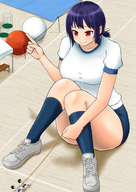 drawing giantess color purple_hair red_eyes sitting rope sports sports_wear looking_at_tiny yard tug_of_war オレンジ orenji pull_the_rope
