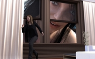 giantess long_hair clothed brunette running pants shirt looking_in digital_render curtains