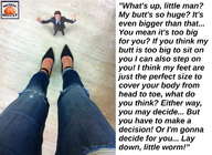 collage high_heels jeans domination shrunken_man suit looking_up dialogue squeezemeflat