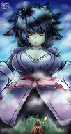 drawing giantess size_difference black_hair color yellow_eyes fanart tales_of_symphonia grass embernaga sheena_fujibayashi