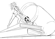 drawing panties blonde long_hair barefoot cleavage bra brunette ponytail shrunken_woman pulling women books jar black_white