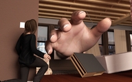 giantess clothed brunette kneeling hand reaching living_room apartment digital_render