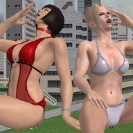 panties vore city blonde bra butt_crush brunette short_hair sitting giantesses closed_eyes digital_render tekken roodedude anna_williams nina_williams