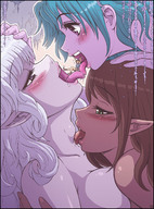 breasts drawing giantess karbo nude vore blushing color mouth green_eyes blue_hair fairy brunette purple_eyes felarya kissing lesbians giantesses snake_girl pointed_ears vivian_(felarya) touge licking_throat