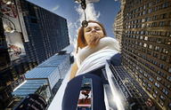 collage city mega buildings low_angle red_hair looking_down skyscraper sky point_of_view