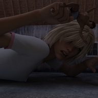 giantess blonde clothed handheld lying_down shorts barn lifting shirt digital_render
