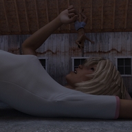 gentle giantess blonde clothed handheld lying_down shorts barn digital_render