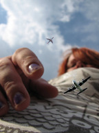 giantess collage finger low_angle red_hair hand airplane jets sky point_of_view perspective