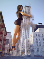 breasts giantess city mega butt destruction high_heels buildings brunette legs skyscraper hugging streets between_buildings mini_skirt sorenzer0 digital_render