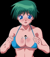bikini drawing gentle giantess color large_breasts breastheld cleavage anime mouse green_hair hazuki_kakio admontanheiro sorata_muon