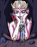 drawing giantess color lying_down fangs looking_down forest monster_girl cell_phone adventurer spikes tastysnack
