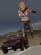 giantess blonde blue_eyes bra desert gloves boots dead_or_alive running vehicles road running_away digital_render doa tina_armstrong roodedude