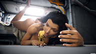 gentle nude long_hair butt barefoot cleavage brunette shrunken_man digital_render fater bunk