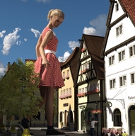 giantess blonde clothed shoes ponytail dress looking_down streets runswithferrets restaurant digital_render polka_dots